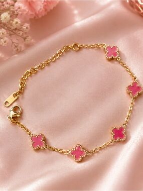 Yellow Gold Bracelet with Pink Clover Accents - Women's Jewelry